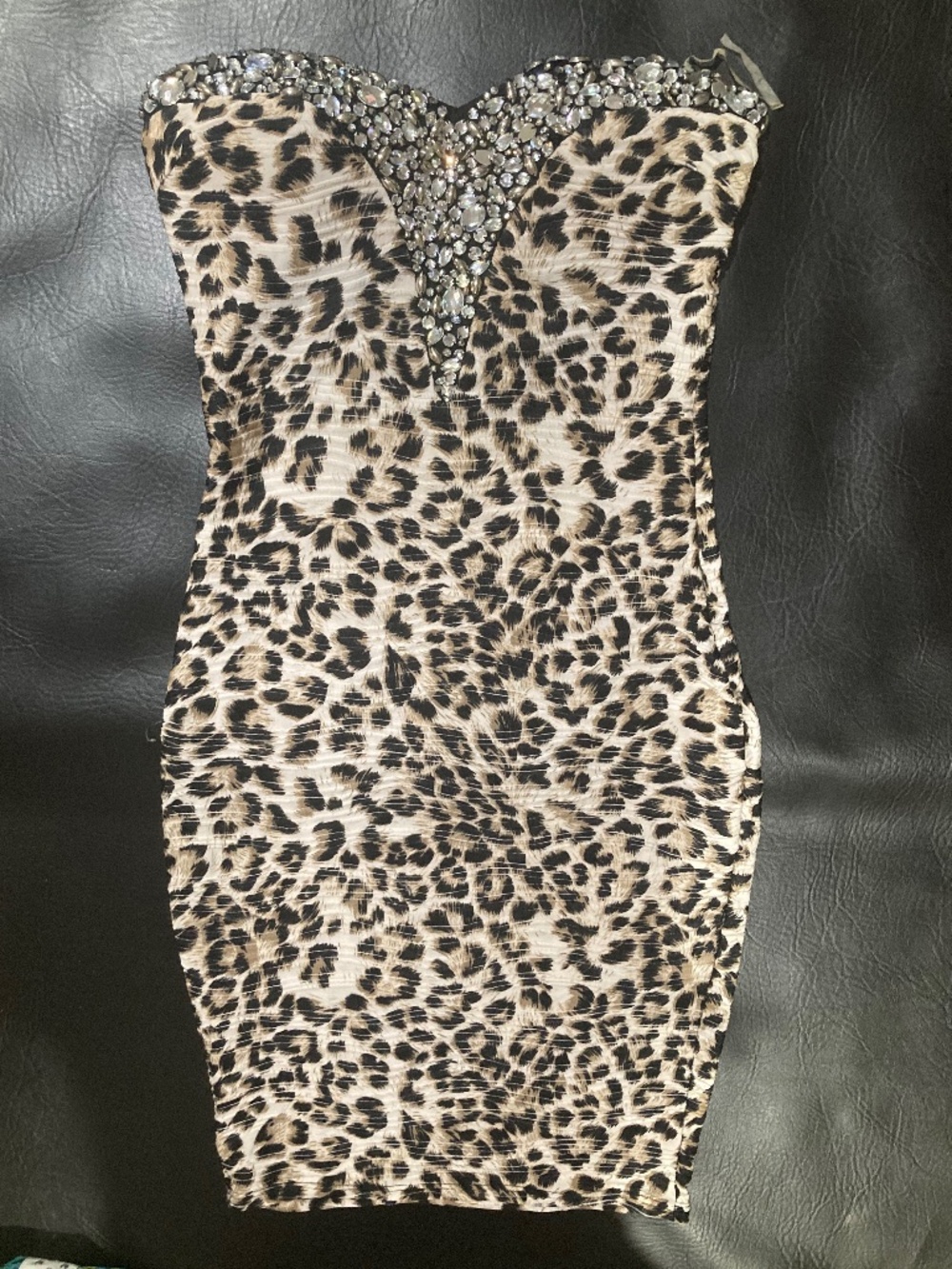 Janice leopard print black brown crystal strapless bustier midi tube dress s